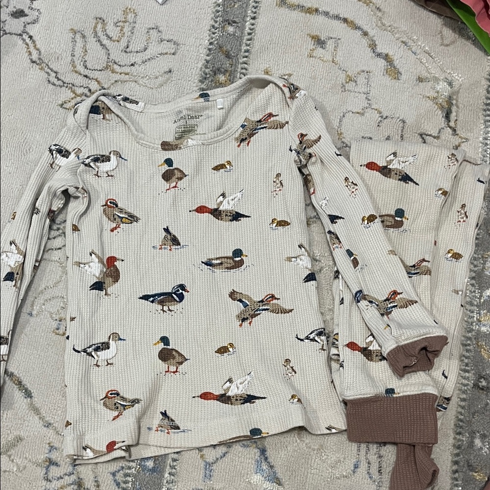 Angel dear waffle Cream Bird Print Long Sleeve Shirt